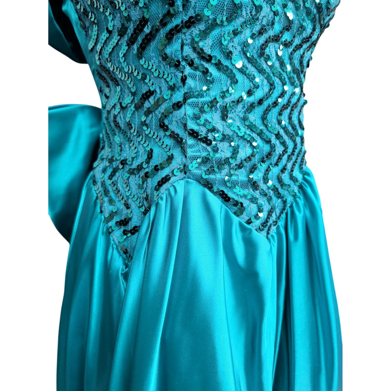 Vintage 80s Zum Zum by Niki Livas Teal Satin Sequin Prom Dress Off-Shoulder Puff Sleeve Bow Chevron Sequin Bodice 1980s Cocktail Formal