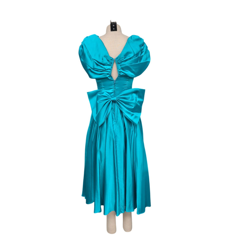 Vintage 80s Zum Zum by Niki Livas Teal Satin Sequin Prom Dress Off-Shoulder Puff Sleeve Bow Chevron Sequin Bodice 1980s Cocktail Formal