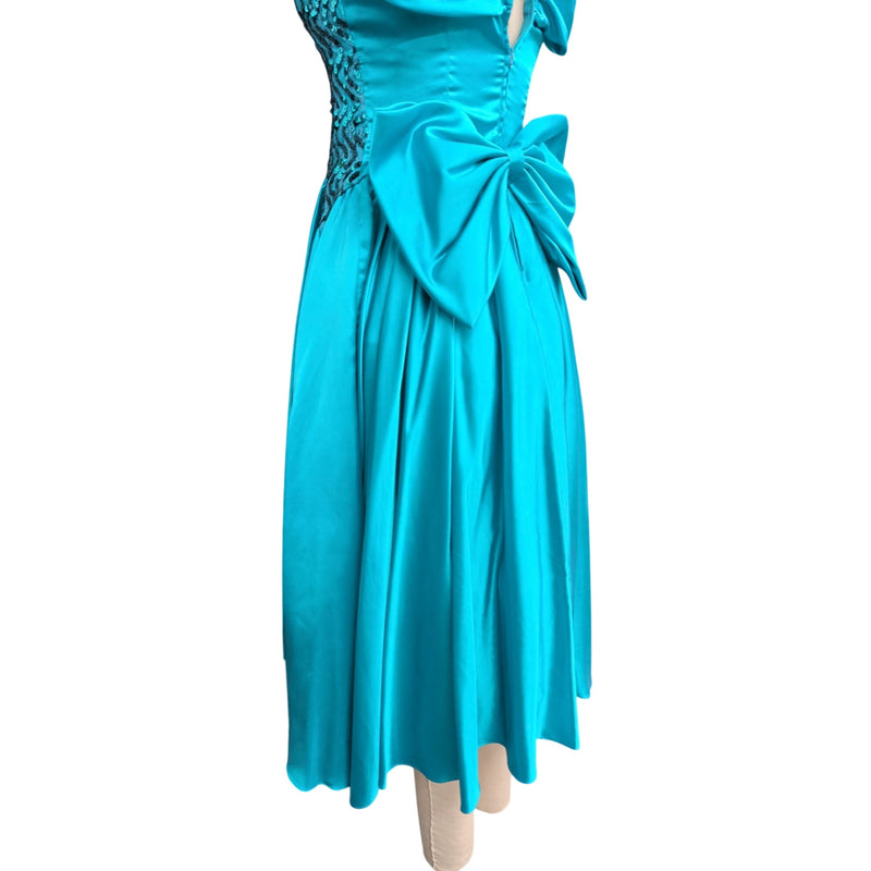 Vintage 80s Zum Zum by Niki Livas Teal Satin Sequin Prom Dress Off-Shoulder Puff Sleeve Bow Chevron Sequin Bodice 1980s Cocktail Formal