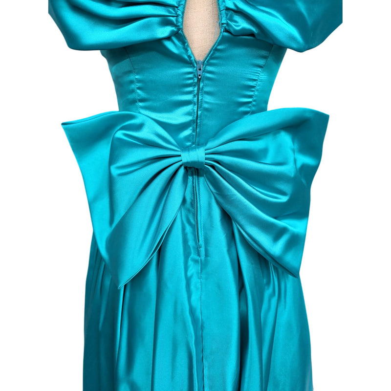 Vintage 80s Zum Zum by Niki Livas Teal Satin Sequin Prom Dress Off-Shoulder Puff Sleeve Bow Chevron Sequin Bodice 1980s Cocktail Formal