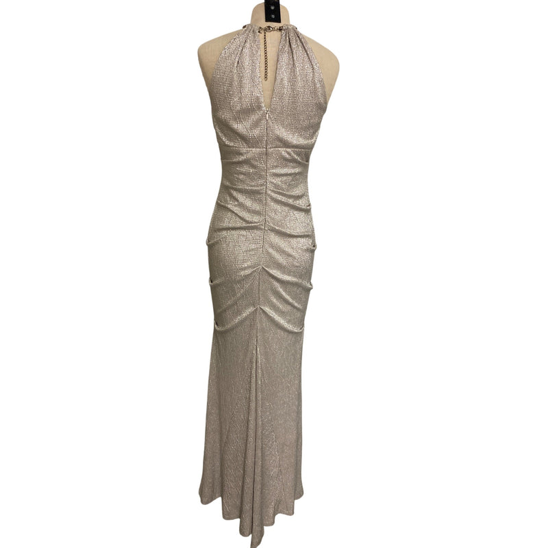 Xscape Silver Metallic Halter Evening Gown Size 6