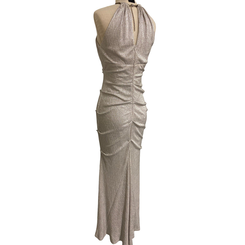 Xscape Silver Metallic Halter Evening Gown Size 6