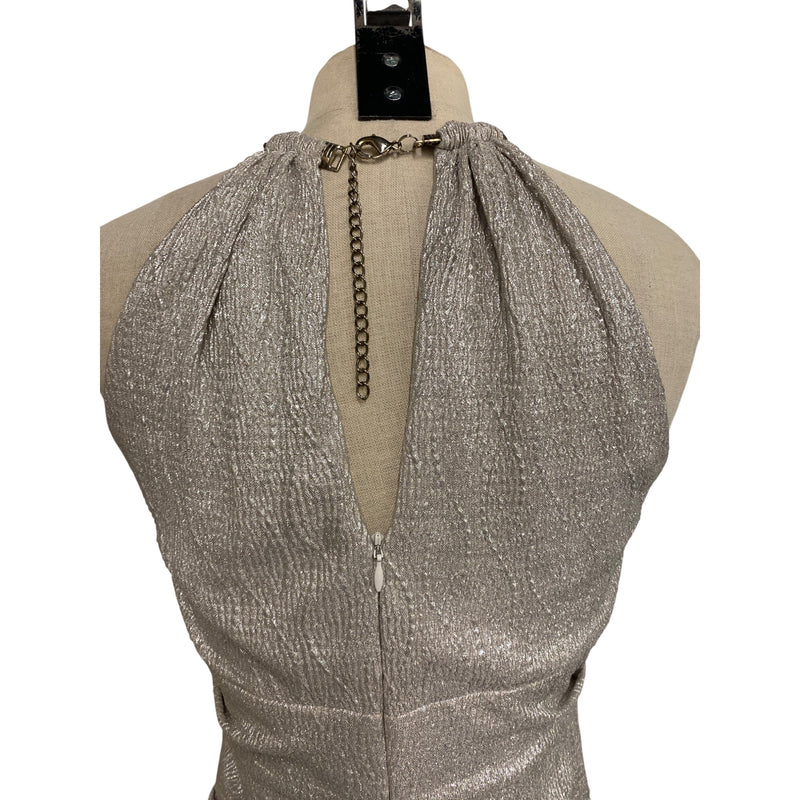 Xscape Silver Metallic Halter Evening Gown Size 6