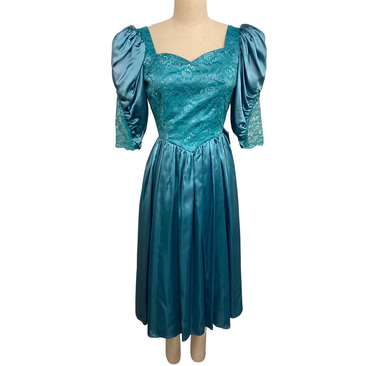 An Original by Lauren Balog Vintage Turquoise Lace & Satin Puff Sleeve Dress