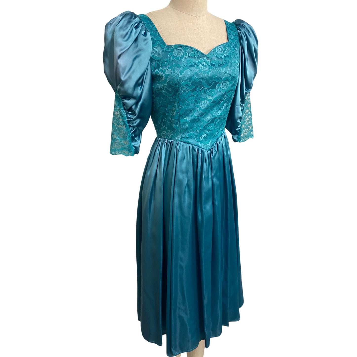 An Original by Lauren Balog Vintage Turquoise Lace & Satin Puff Sleeve Dress