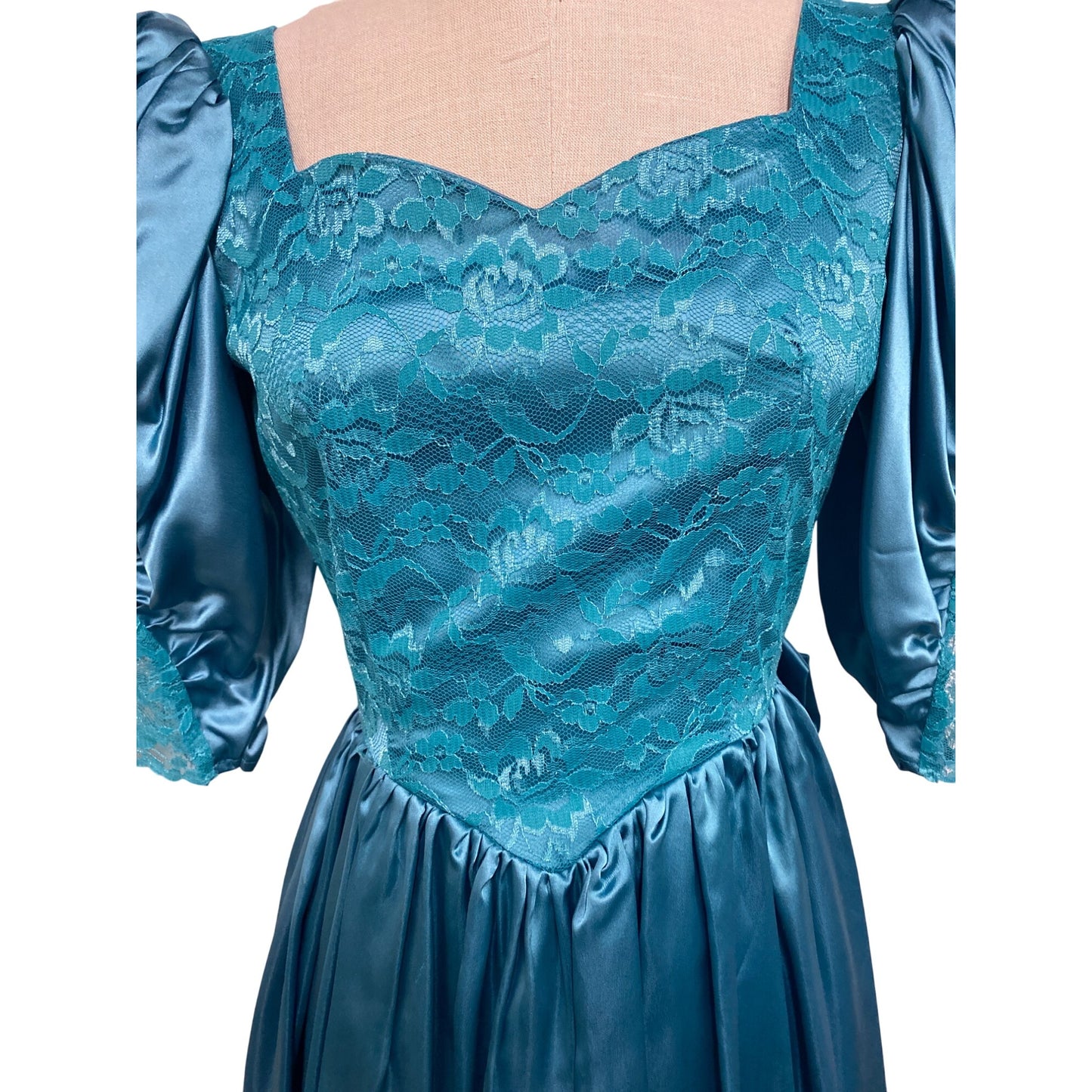 An Original by Lauren Balog Vintage Turquoise Lace & Satin Puff Sleeve Dress