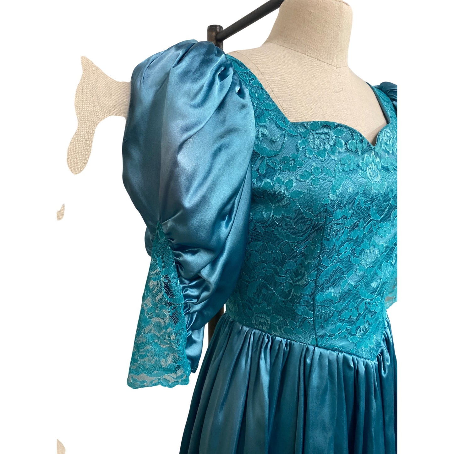 An Original by Lauren Balog Vintage Turquoise Lace & Satin Puff Sleeve Dress