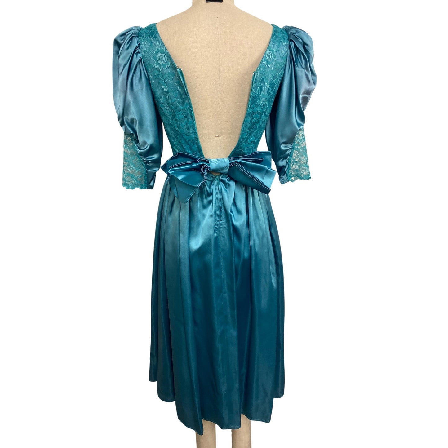 An Original by Lauren Balog Vintage Turquoise Lace & Satin Puff Sleeve Dress