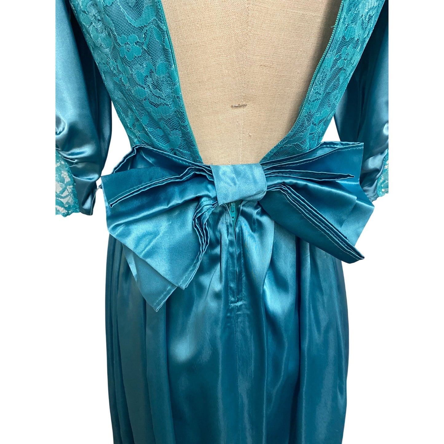 An Original by Lauren Balog Vintage Turquoise Lace & Satin Puff Sleeve Dress
