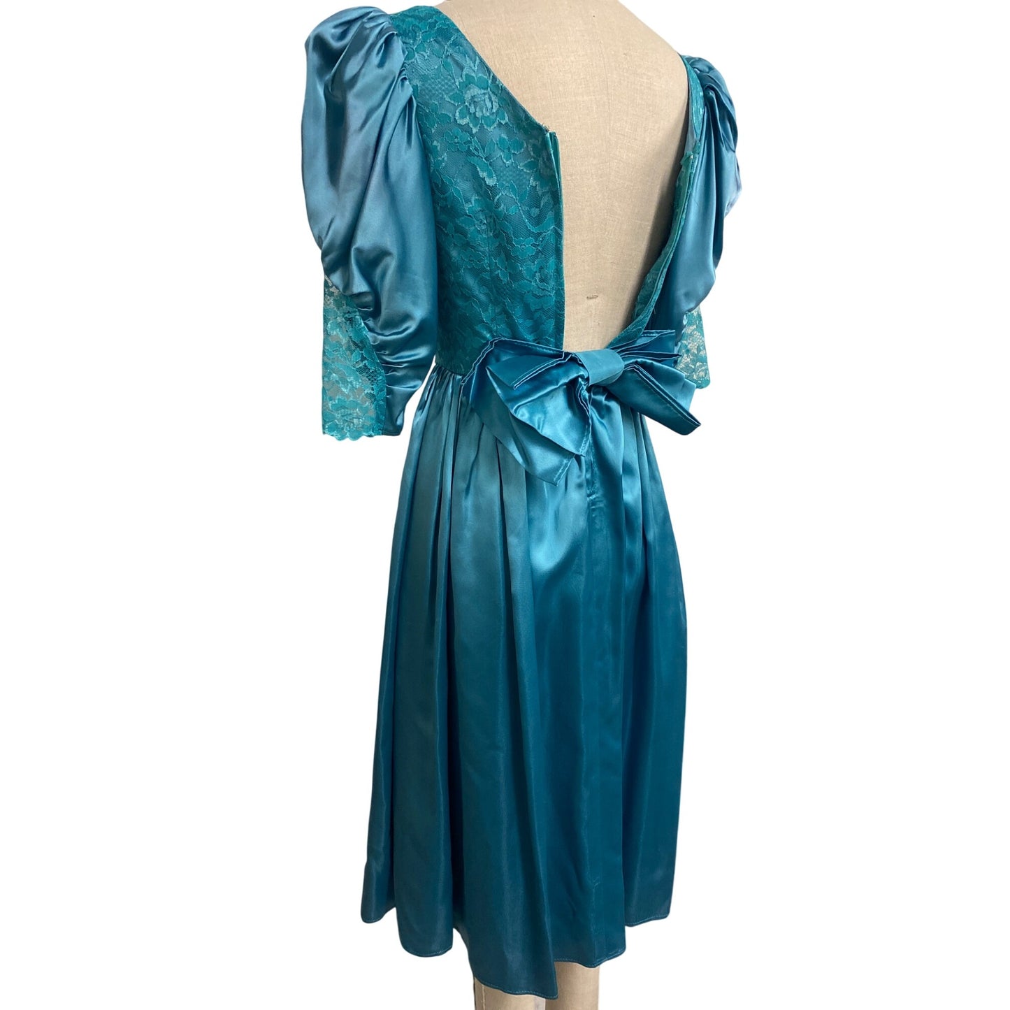 An Original by Lauren Balog Vintage Turquoise Lace & Satin Puff Sleeve Dress