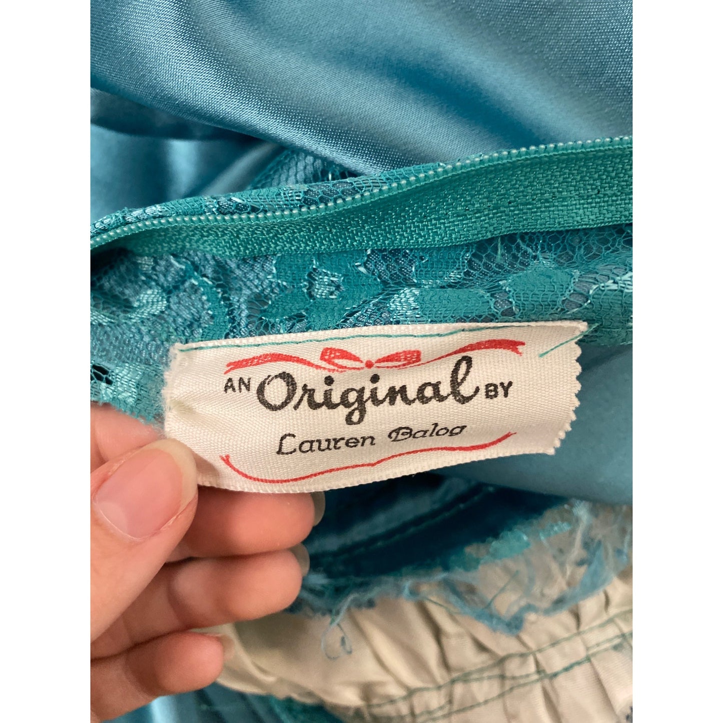 An Original by Lauren Balog Vintage Turquoise Lace & Satin Puff Sleeve Dress