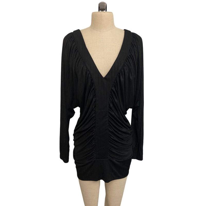 Vintage BeBe Black V-Neck Ruched Long Sleeve Top Mini Dress, Fundraiser for Sustainable Fashion Education Programs