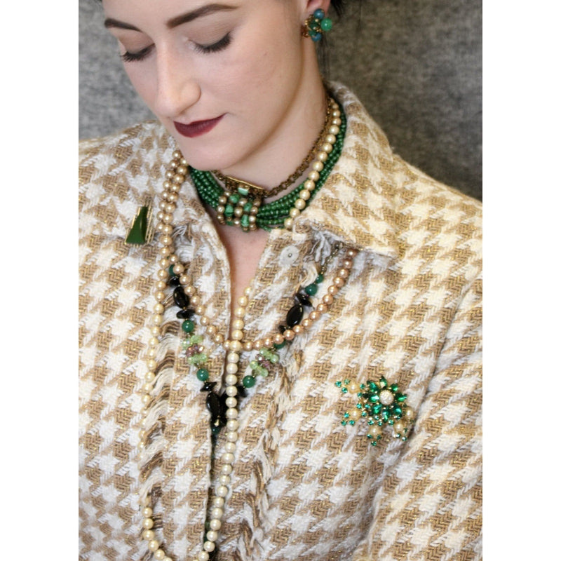 Vintage Emerald Green Rhinestone Pearl Floral Spray Brooch 1950s-60s Baroque Pearls Fundraiser for Sustainable Fashion Education Programs