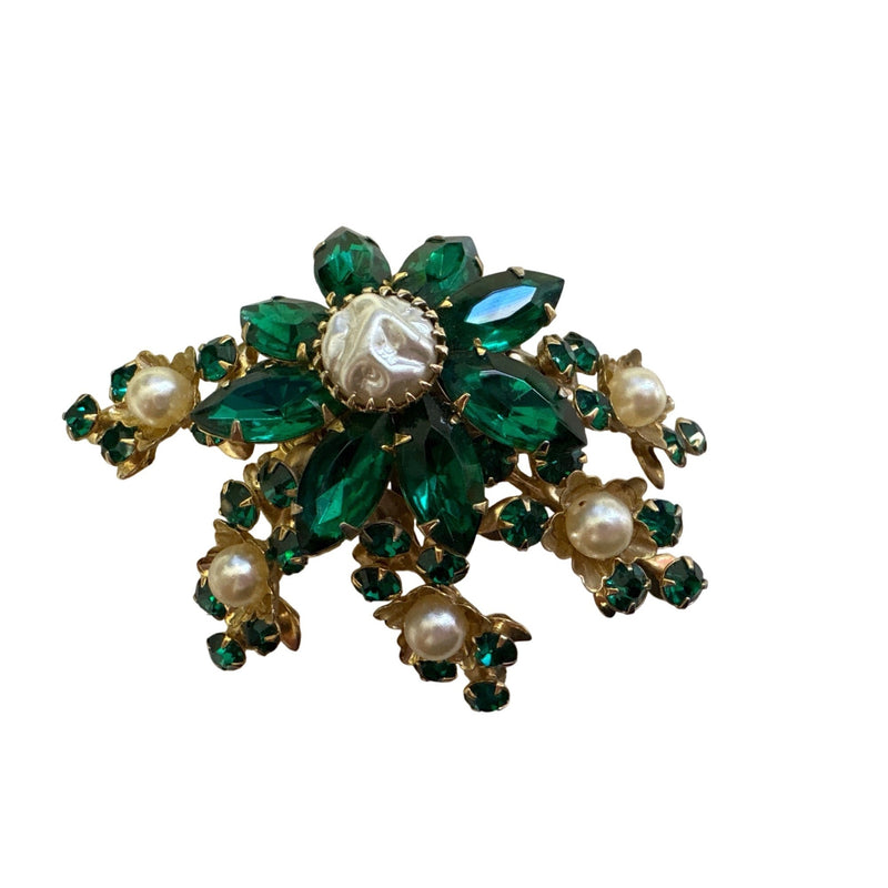 Vintage Emerald Green Rhinestone Pearl Floral Spray Brooch 1950s-60s Baroque Pearls Fundraiser for Sustainable Fashion Education Programs