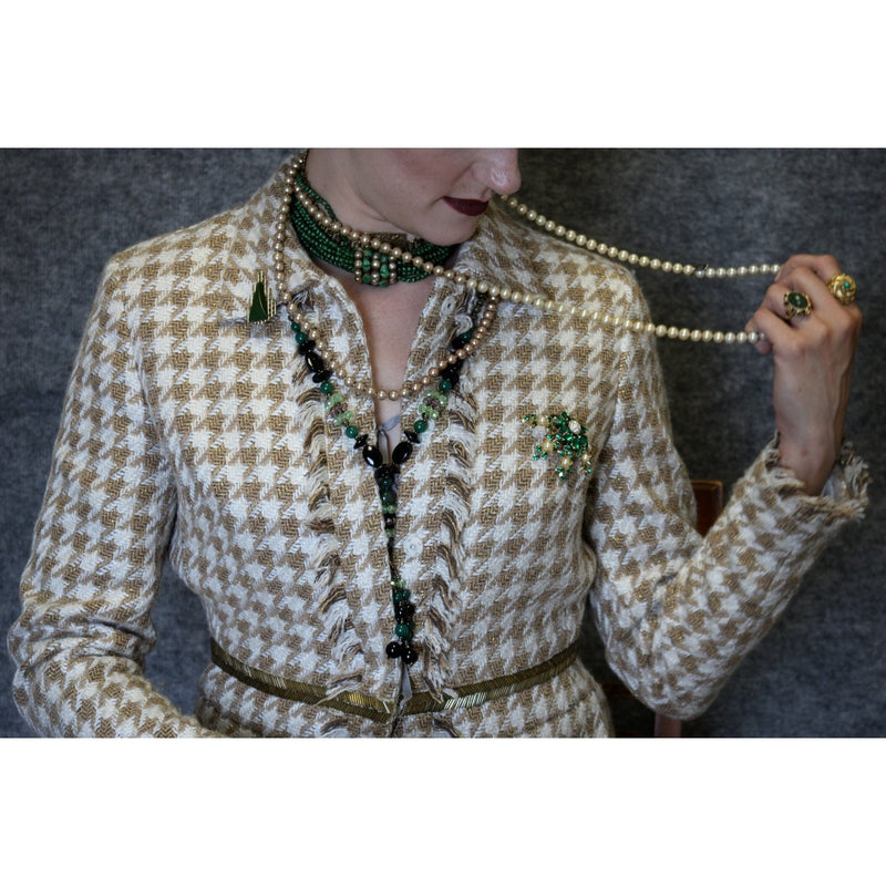 Vintage Emerald Green Rhinestone Pearl Floral Spray Brooch 1950s-60s Baroque Pearls Fundraiser for Sustainable Fashion Education Programs