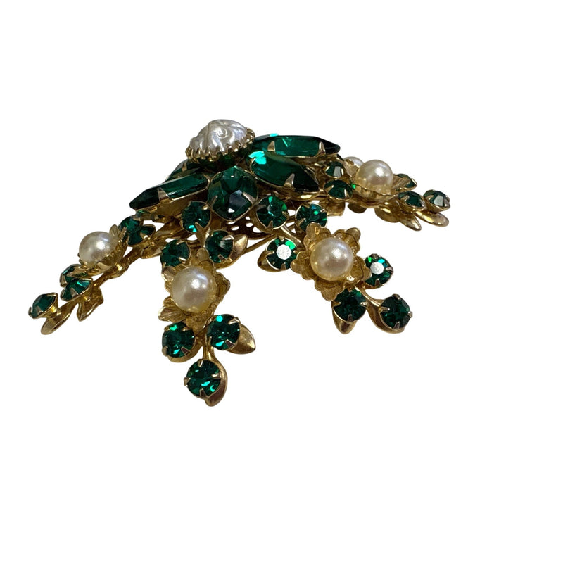 Vintage Emerald Green Rhinestone Pearl Floral Spray Brooch 1950s-60s Baroque Pearls Fundraiser for Sustainable Fashion Education Programs