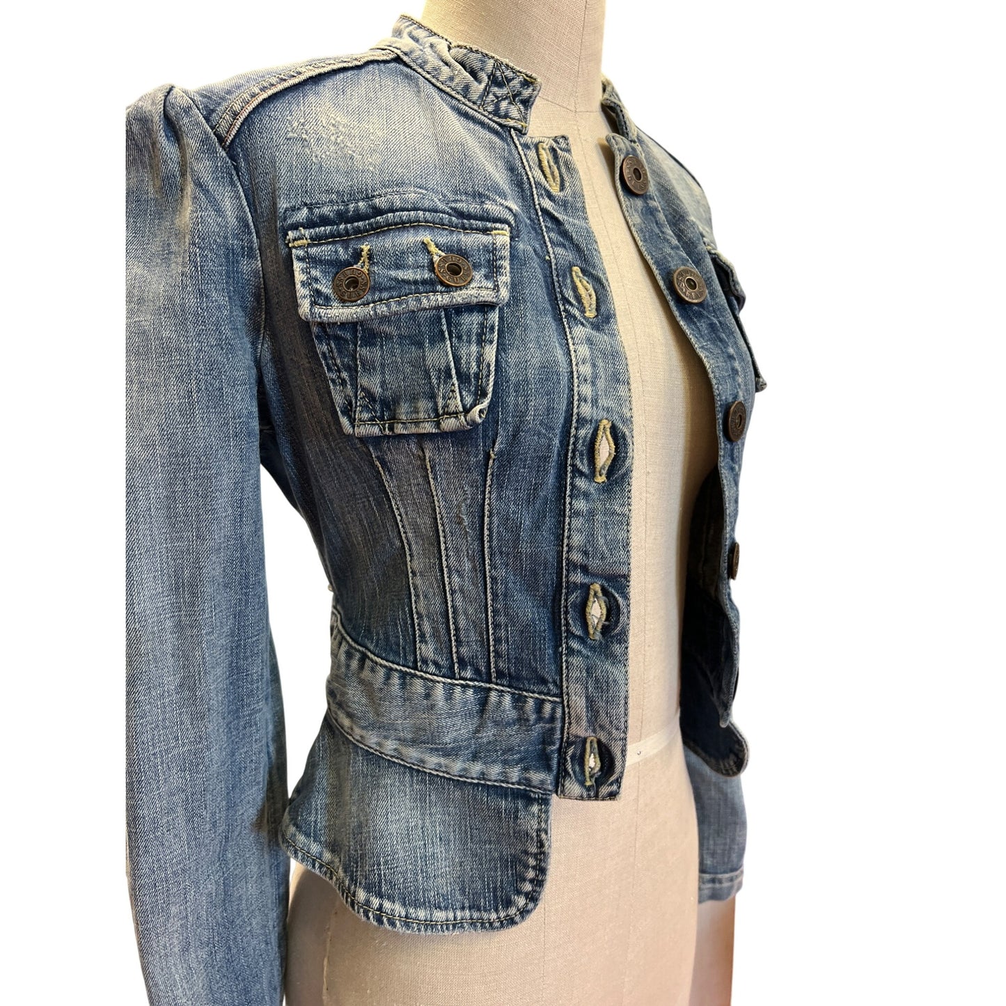 Vintage Guess Jean Jacket Women's Distressed Denim Button-Up Bolero Blazer Top With Puff Sleeves Fitted Waist