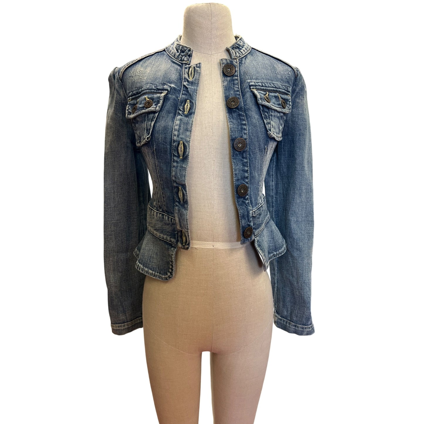 Vintage Guess Jean Jacket Women's Distressed Denim Button-Up Bolero Blazer Top With Puff Sleeves Fitted Waist