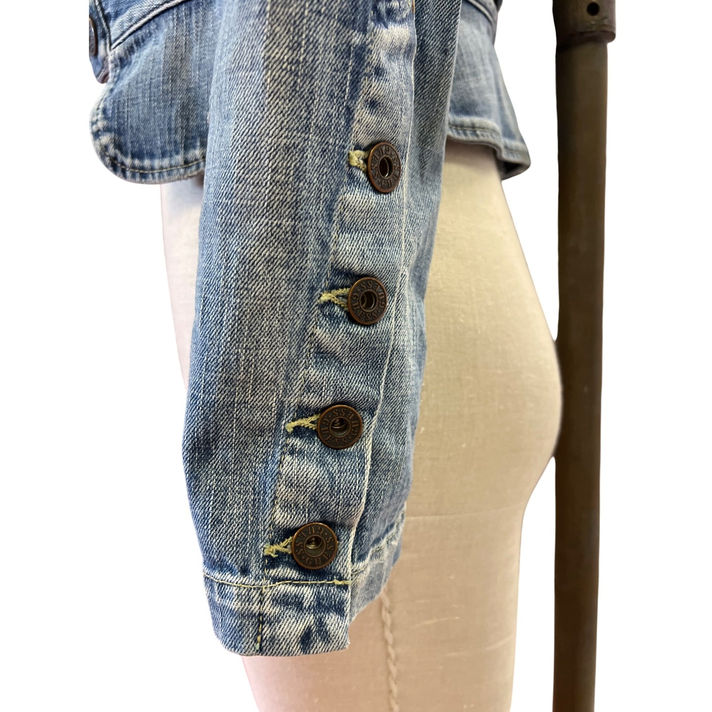 Vintage Guess Jean Jacket Women's Distressed Denim Button-Up Bolero Blazer Top With Puff Sleeves Fitted Waist
