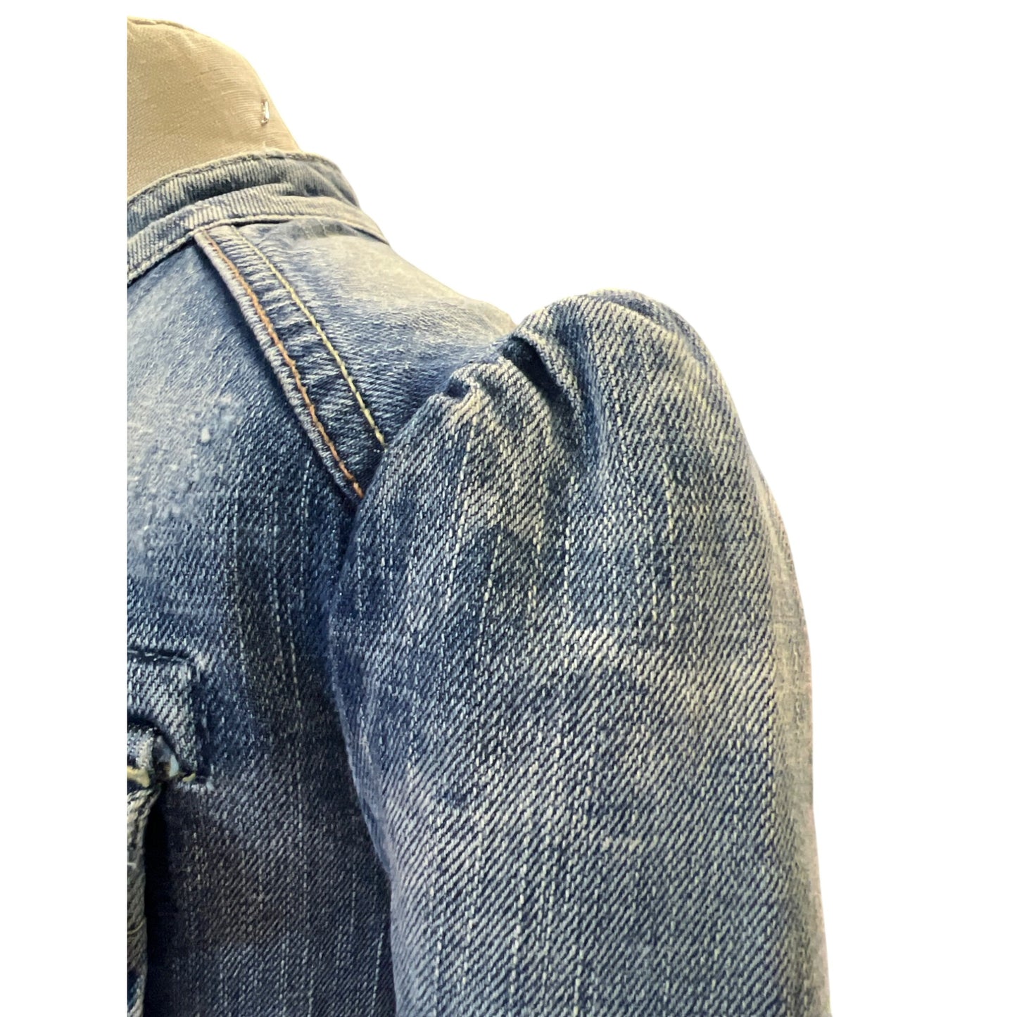 Vintage Guess Jean Jacket Women's Distressed Denim Button-Up Bolero Blazer Top With Puff Sleeves Fitted Waist