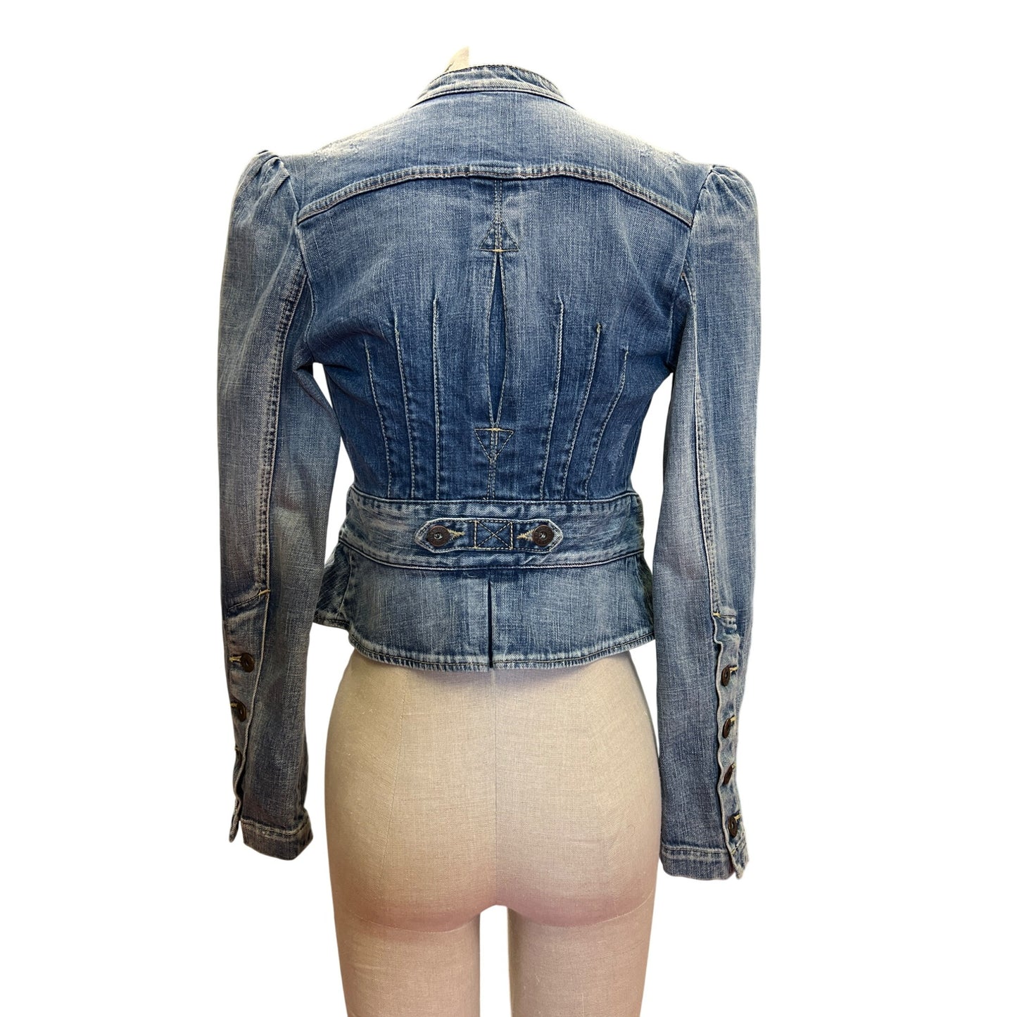 Vintage Guess Jean Jacket Women's Distressed Denim Button-Up Bolero Blazer Top With Puff Sleeves Fitted Waist
