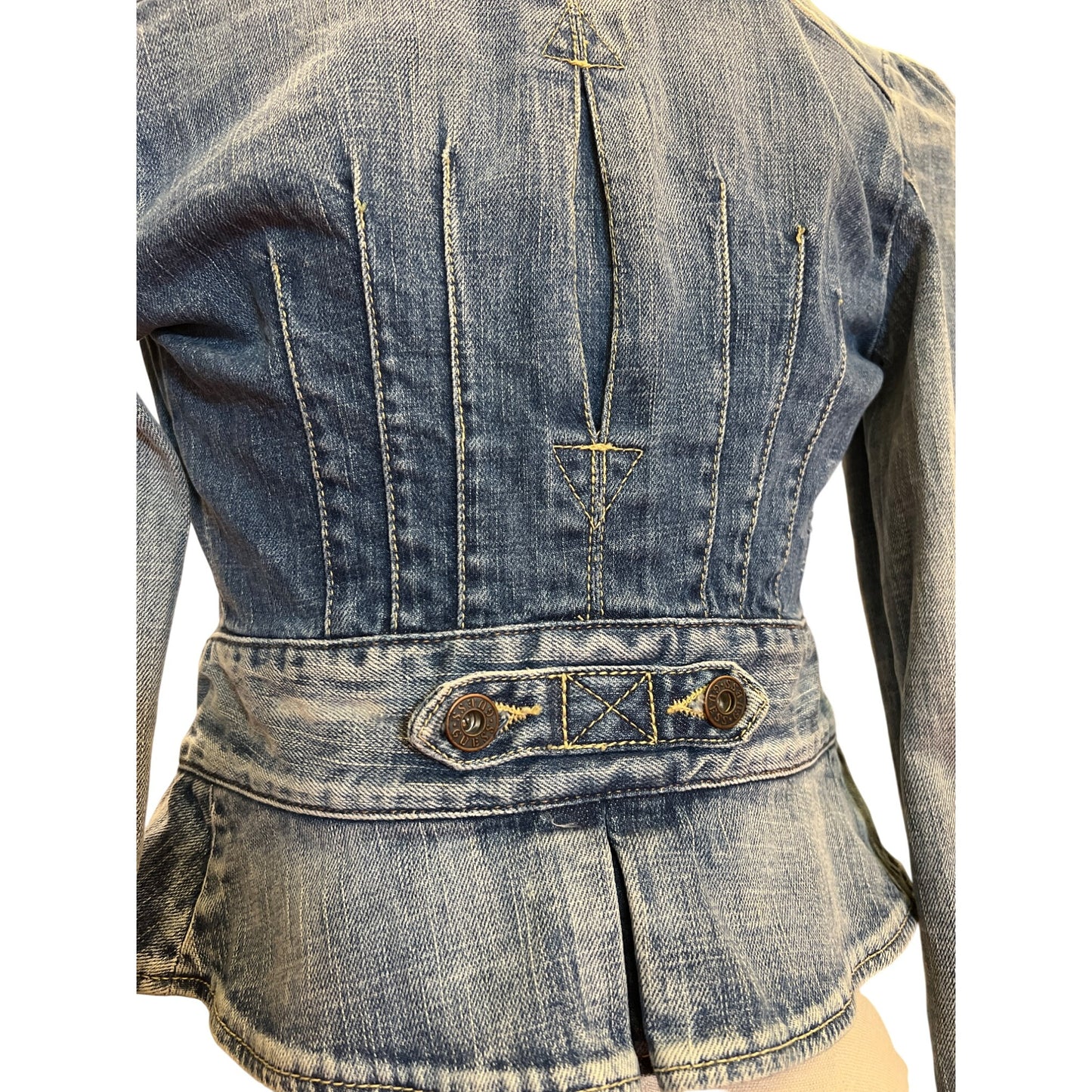 Vintage Guess Jean Jacket Women's Distressed Denim Button-Up Bolero Blazer Top With Puff Sleeves Fitted Waist