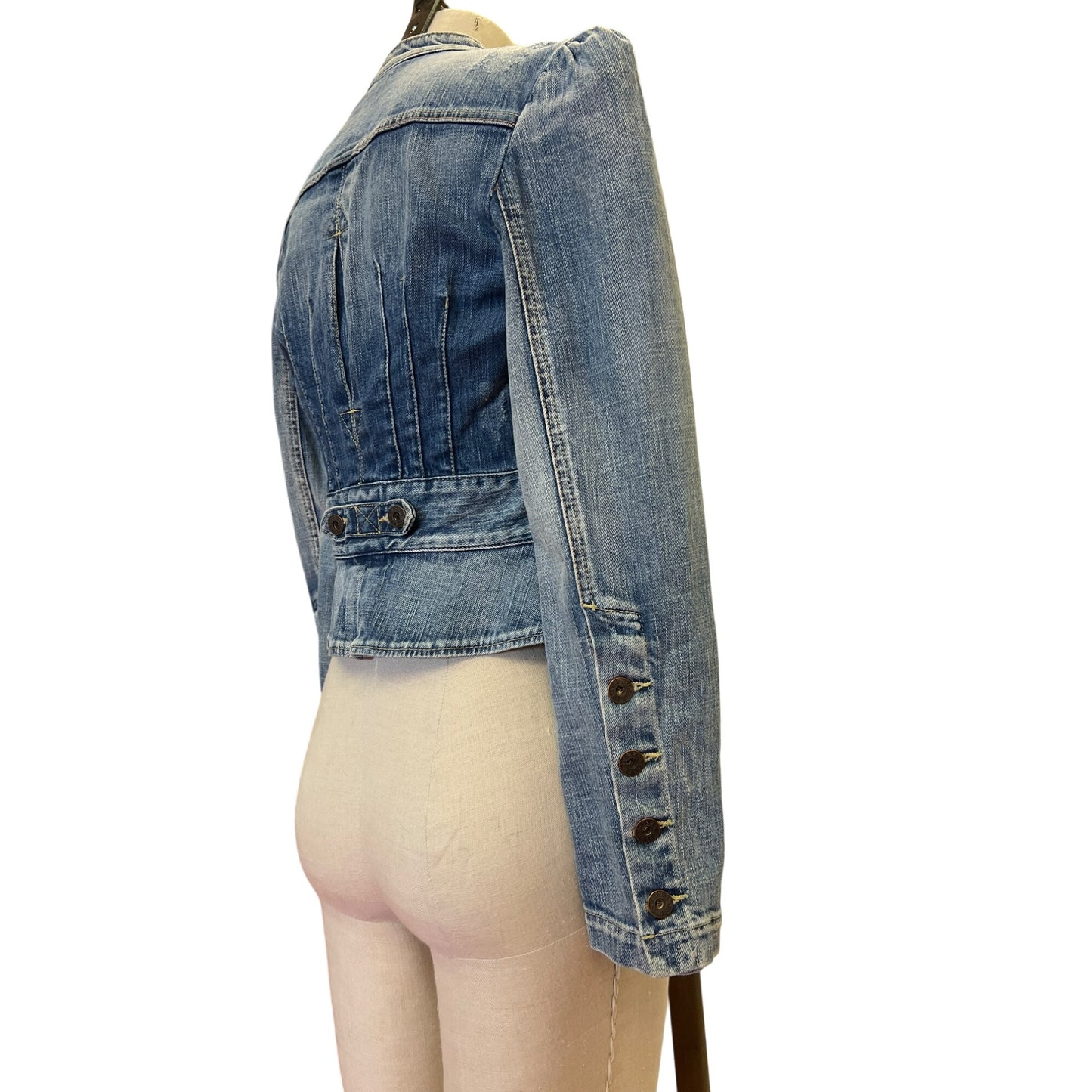 Vintage Guess Jean Jacket Women's Distressed Denim Button-Up Bolero Blazer Top With Puff Sleeves Fitted Waist