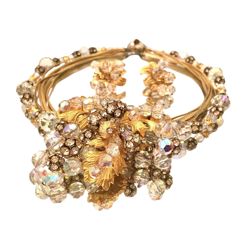 Vintage Hattie Carnegie Crystal Bead Gold Floral Necklace Earrings Parure Set, Sustainable Fashion Education Fundraiser