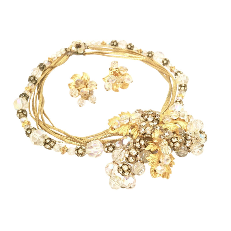 Vintage Hattie Carnegie Crystal Bead Gold Floral Necklace Earrings Parure Set, Sustainable Fashion Education Fundraiser