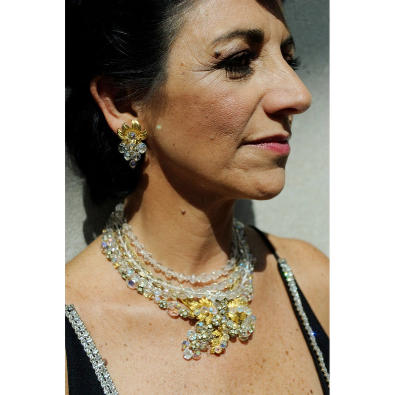 Vintage Hattie Carnegie Crystal Bead Gold Floral Necklace Earrings Parure Set, Sustainable Fashion Education Fundraiser
