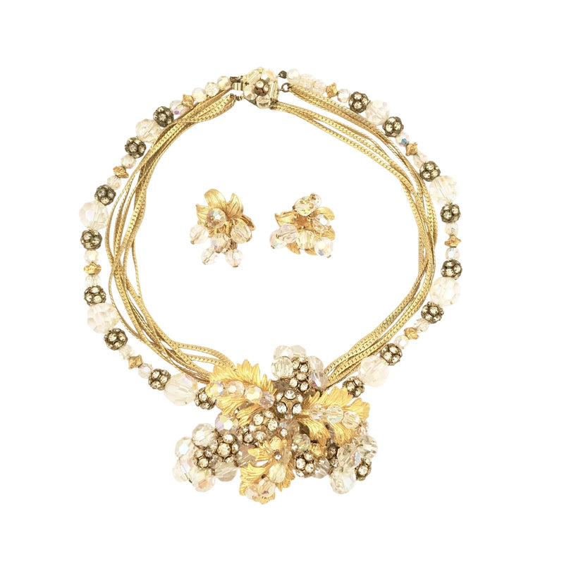 Vintage Hattie Carnegie Crystal Bead Gold Floral Necklace Earrings Parure Set, Sustainable Fashion Education Fundraiser
