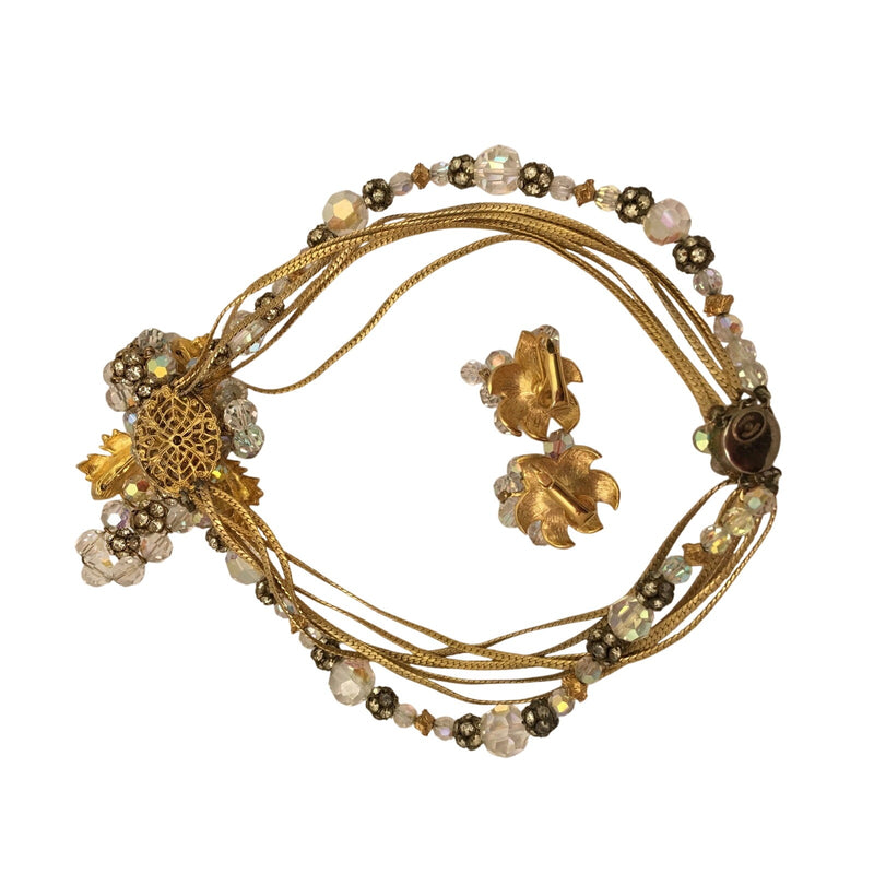 Vintage Hattie Carnegie Crystal Bead Gold Floral Necklace Earrings Parure Set, Sustainable Fashion Education Fundraiser