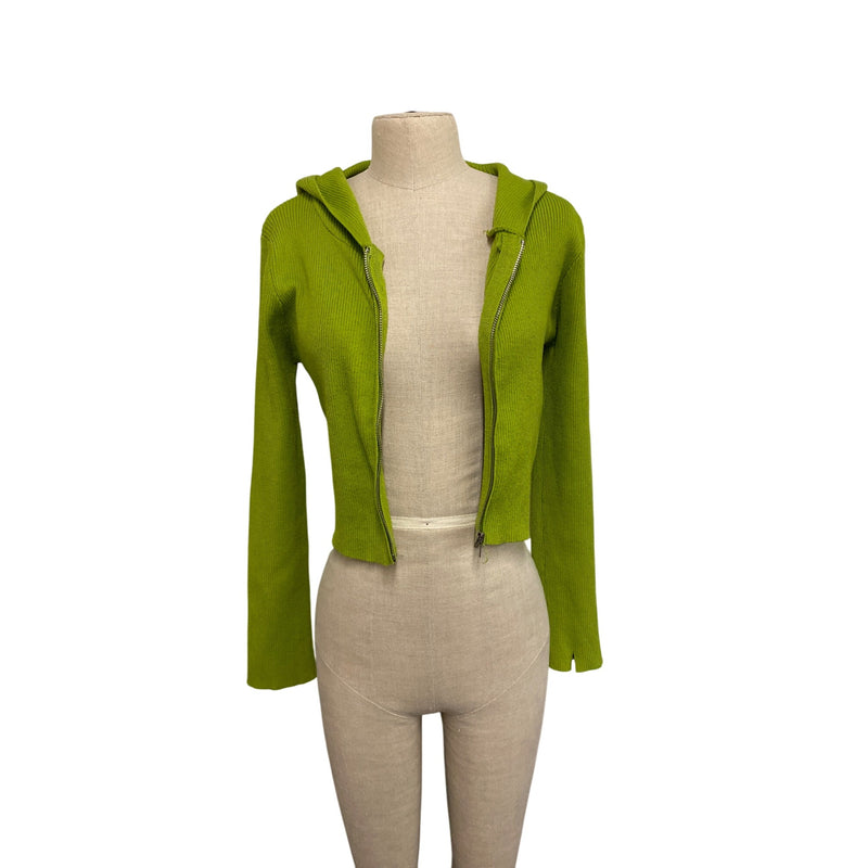 Bailey Rose Lime Green Ribbed Knit Cropped Hoodie Zip-Up Medium Cardigan Sweater