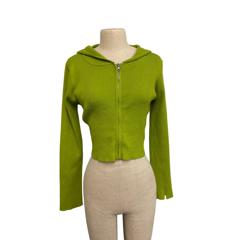 Bailey Rose Lime Green Ribbed Knit Cropped Hoodie Zip-Up Medium Cardigan Sweater