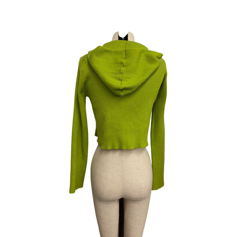 Bailey Rose Lime Green Ribbed Knit Cropped Hoodie Zip-Up Medium Cardigan Sweater