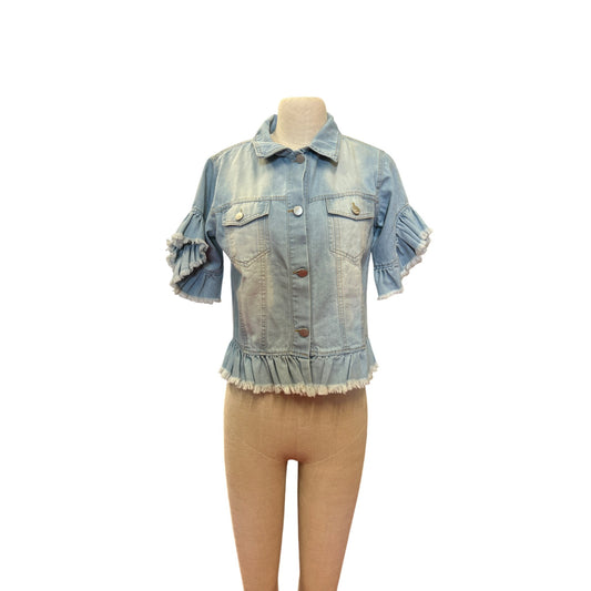 Womens Short-Sleeve Ruffle Denim Jacket By Sparkle & Glamour