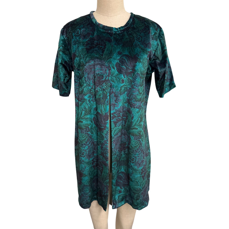 Vintage Floral Velvet Tunic Dress Top With Split Hem Teal and Black Short Sleeves Relaxed Fit Womens