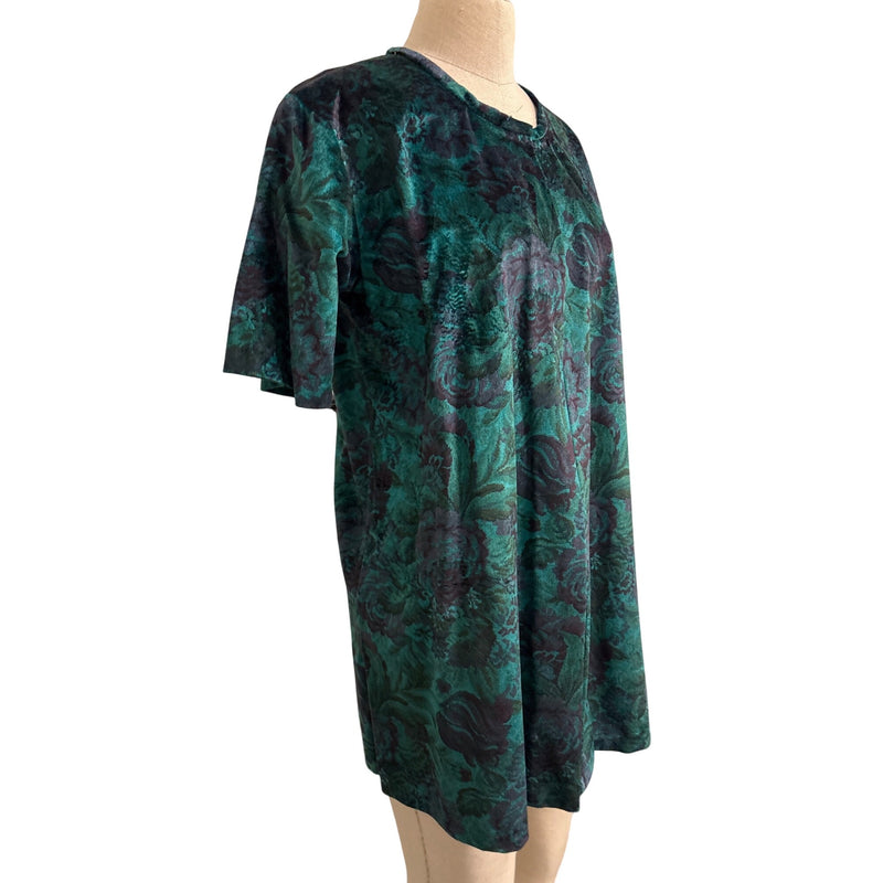 Vintage Floral Velvet Tunic Dress Top With Split Hem Teal and Black Short Sleeves Relaxed Fit Womens
