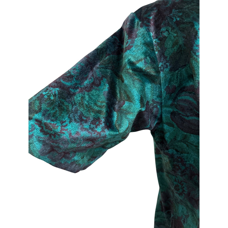 Vintage Floral Velvet Tunic Dress Top With Split Hem Teal and Black Short Sleeves Relaxed Fit Womens