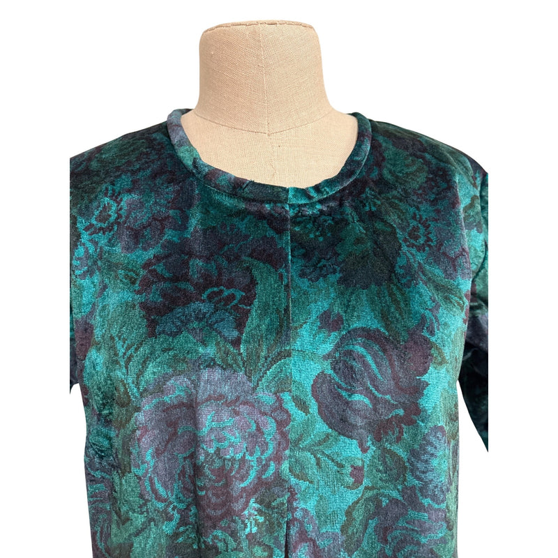 Vintage Floral Velvet Tunic Dress Top With Split Hem Teal and Black Short Sleeves Relaxed Fit Womens