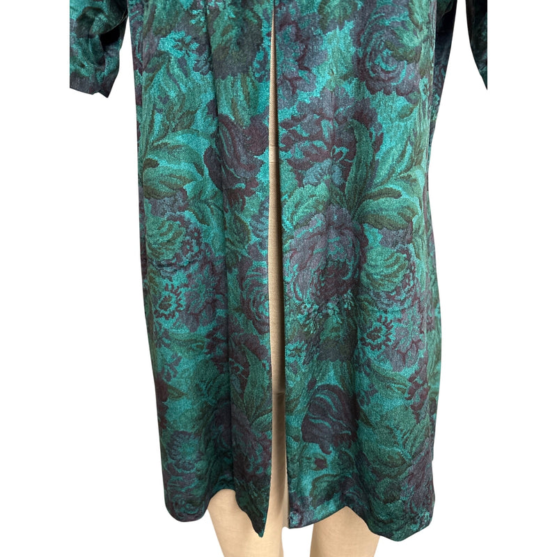 Vintage Floral Velvet Tunic Dress Top With Split Hem Teal and Black Short Sleeves Relaxed Fit Womens
