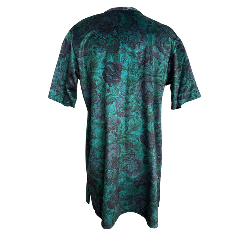 Vintage Floral Velvet Tunic Dress Top With Split Hem Teal and Black Short Sleeves Relaxed Fit Womens