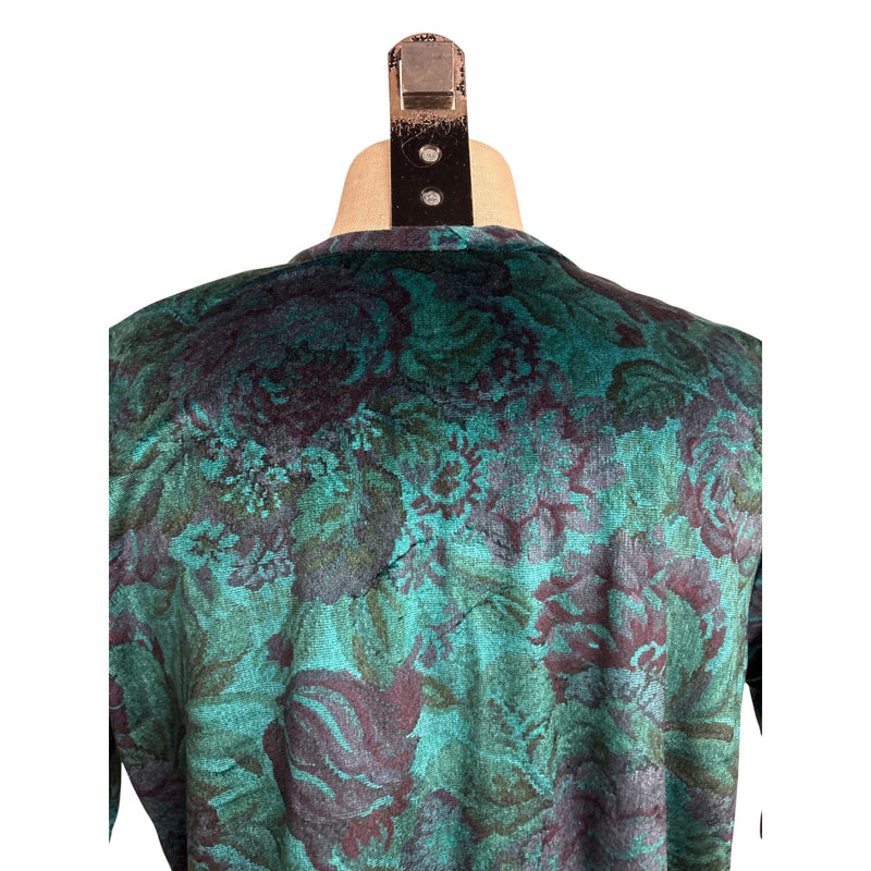 Vintage Floral Velvet Tunic Dress Top With Split Hem Teal and Black Short Sleeves Relaxed Fit Womens