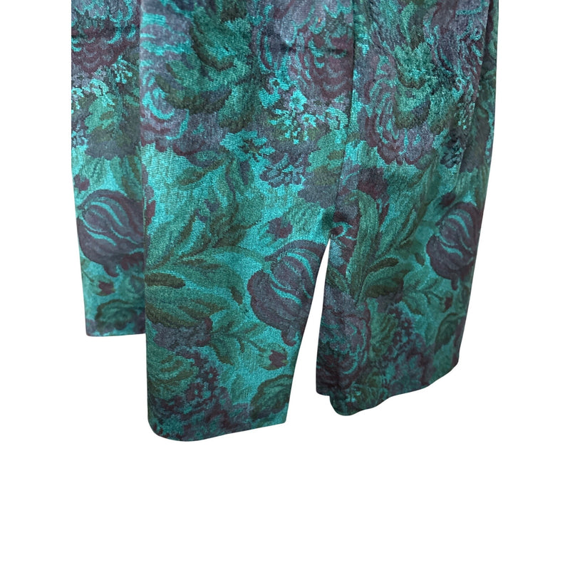 Vintage Floral Velvet Tunic Dress Top With Split Hem Teal and Black Short Sleeves Relaxed Fit Womens