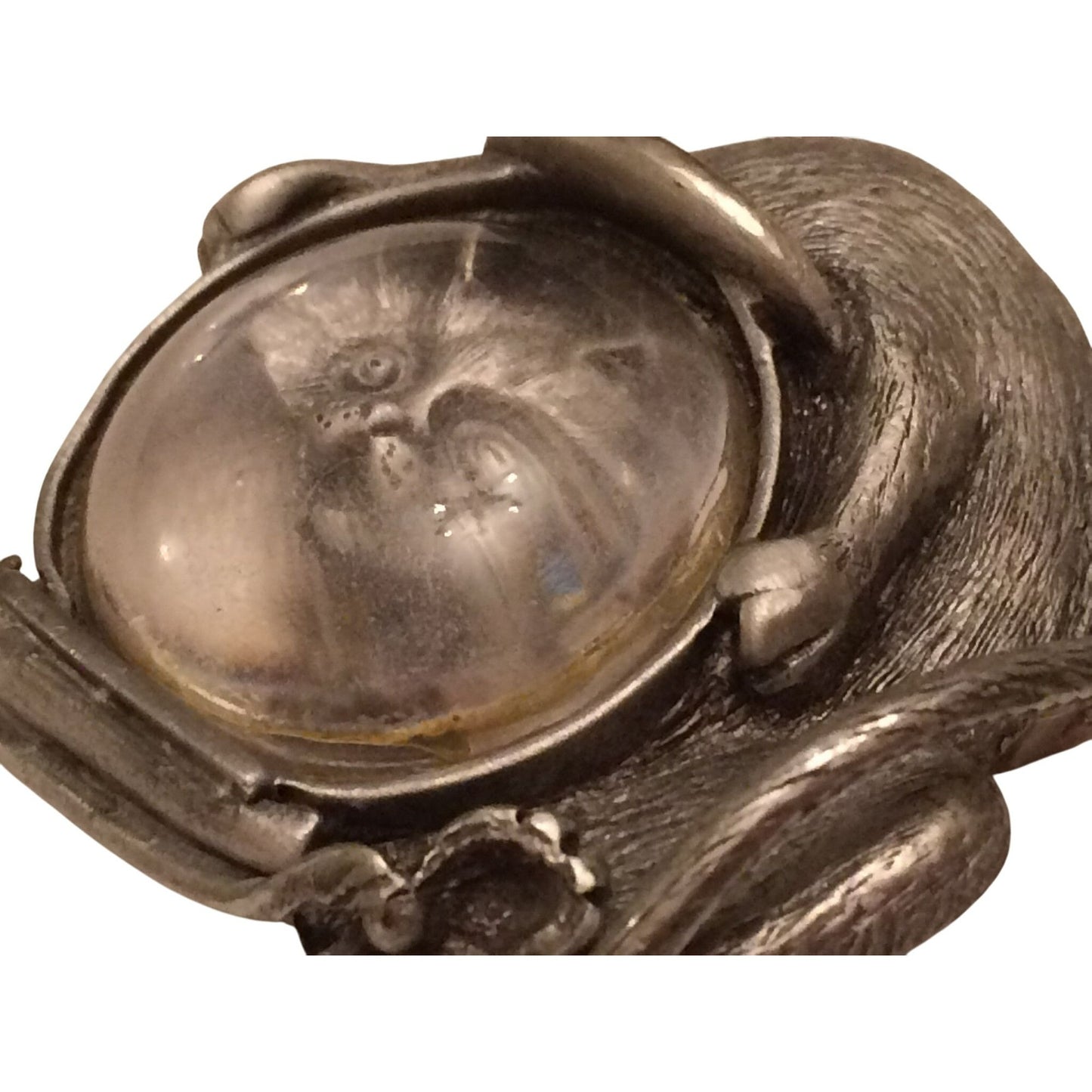 Vintage JJ Jonette Jewelry Cat & Fish Aquarium Pin Brooch Pewter & Glass 1970s Novelty Design