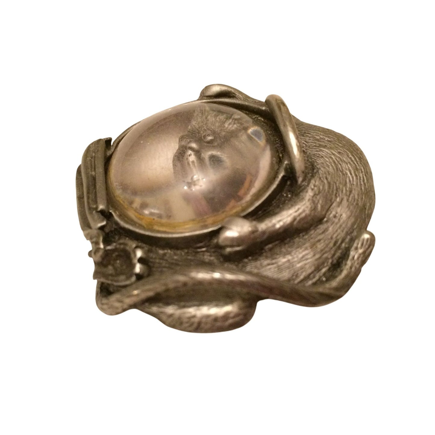 Vintage JJ Jonette Jewelry Cat & Fish Aquarium Pin Brooch Pewter & Glass 1970s Novelty Design