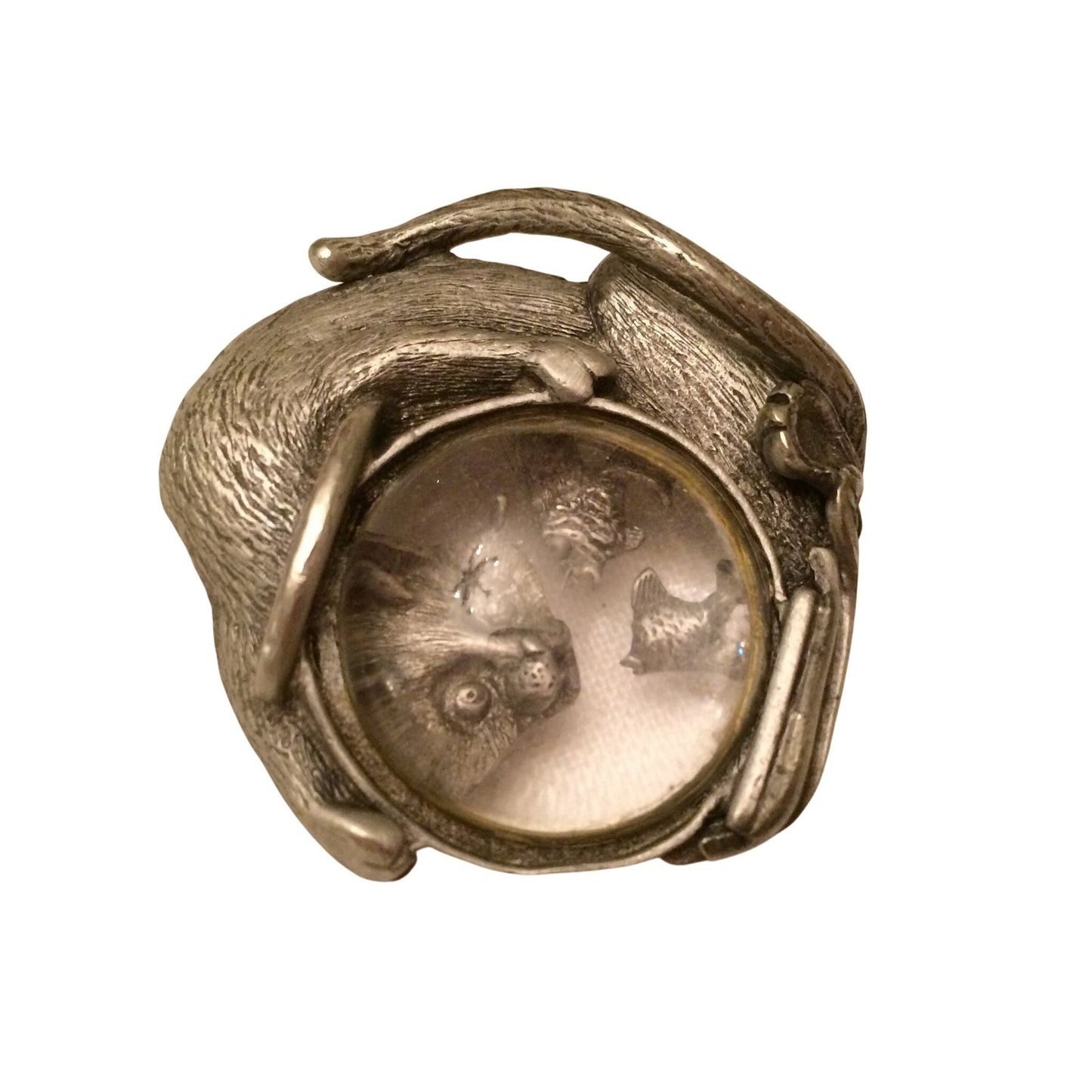 Vintage JJ Jonette Jewelry Cat & Fish Aquarium Pin Brooch Pewter & Glass 1970s Novelty Design