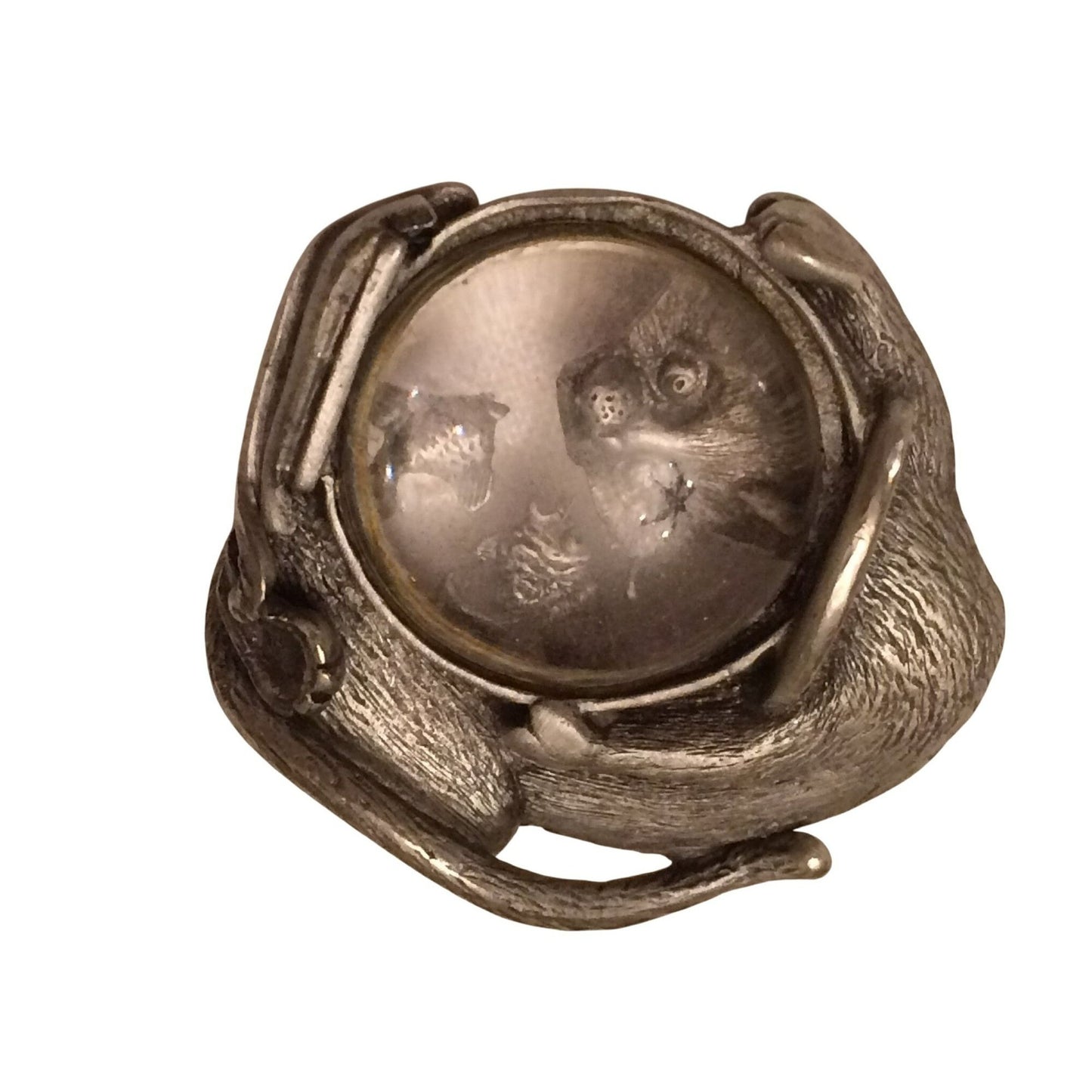 Vintage JJ Jonette Jewelry Cat & Fish Aquarium Pin Brooch Pewter & Glass 1970s Novelty Design