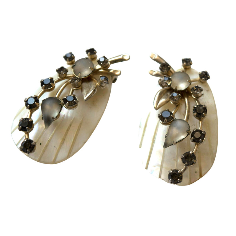 Vintage Mother-Of-Pearl Clip-On Earrings With Gold Floral Design And Rhinestones