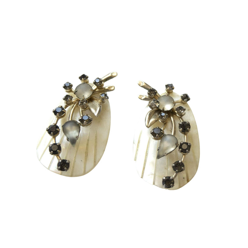 Vintage Mother-Of-Pearl Clip-On Earrings With Gold Floral Design And Rhinestones
